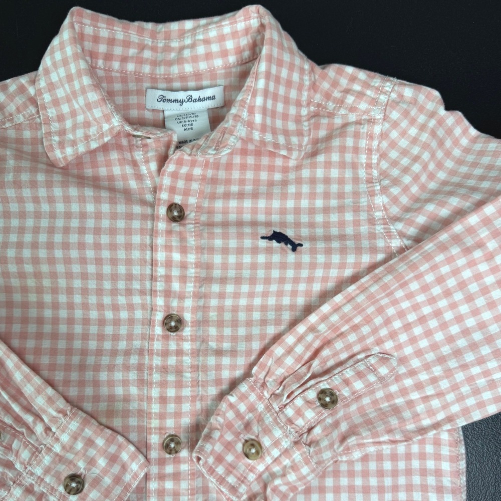 Tommy Bahama Boys Pink Gingham Long Sleeve Button Down Shirt Size S 5/6 Cotton